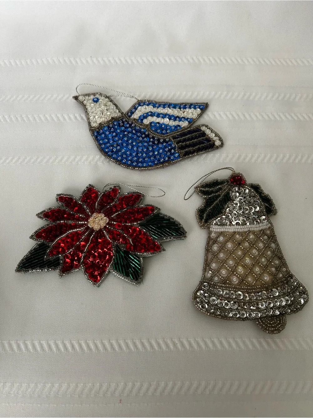Vintage Set of 3 Avon Christmas Ornament Bell Pointsettia Dove Shimmering Sequin